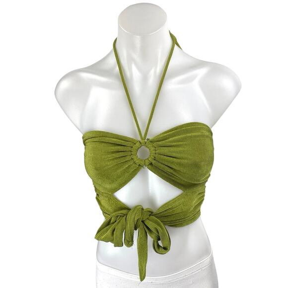 Princess Polly Green Ribbed Knit Halter Sleeveless Cutout Tie Crop Top Size 4 - Picture 1 of 4
